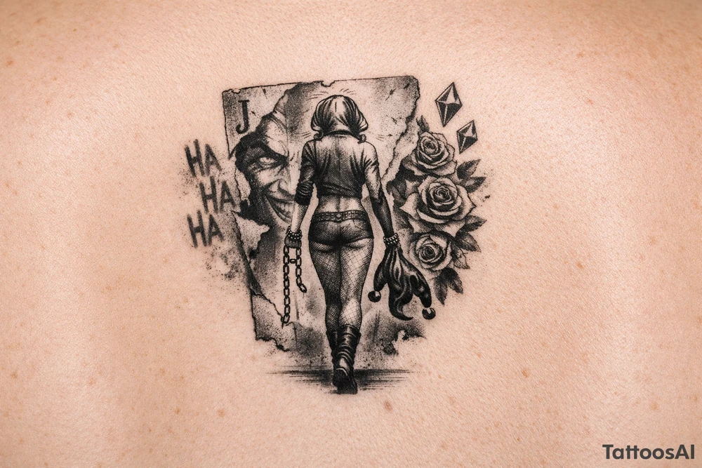 A black-and-grey rib tattoo showing Harley walking forward with her back turned to a torn Joker card behind her. One broken chain falls from her wrist, while her jester hood hangs loosely from her hand—showing that she is leaving the old version of herself behind. The words “Ha Ha Ha” fade near the Joker card, while diamonds and roses flow upward alongside Harley. tattoo idea