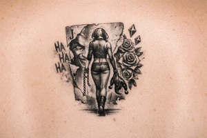 A black-and-grey rib tattoo showing Harley walking forward with her back turned to a torn Joker card behind her. One broken chain falls from her wrist, while her jester hood hangs loosely from her hand—showing that she is leaving the old version of herself behind. The words “Ha Ha Ha” fade near the Joker card, while diamonds and roses flow upward alongside Harley. tattoo idea