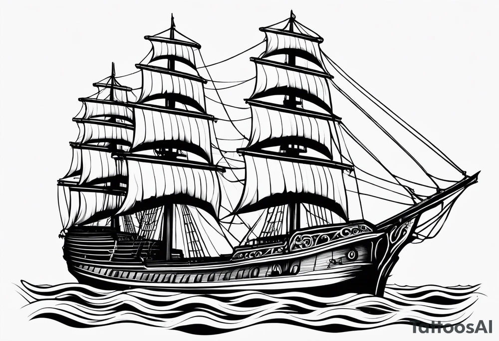 huge wooden ship with sun no clouds tattoo idea