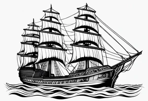 huge wooden ship with sun no clouds tattoo idea