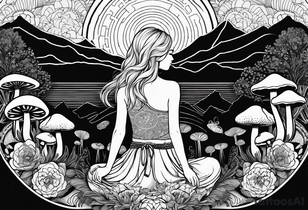 Straight blonde hair girl meditating facing away toward mountains surrounded by mushrooms crescent moon mandala circular design black and white striped dress tattoo idea