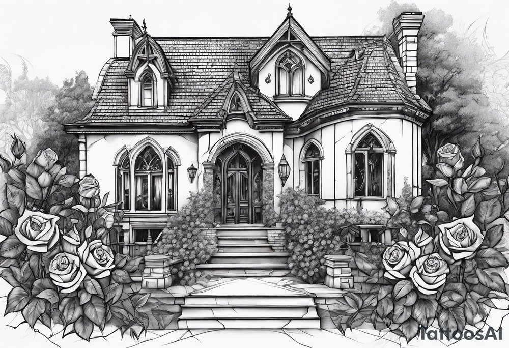 old broken gothic home, broken sword, roses tattoo idea