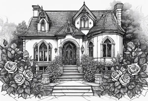 old broken gothic home, broken sword, roses tattoo idea
