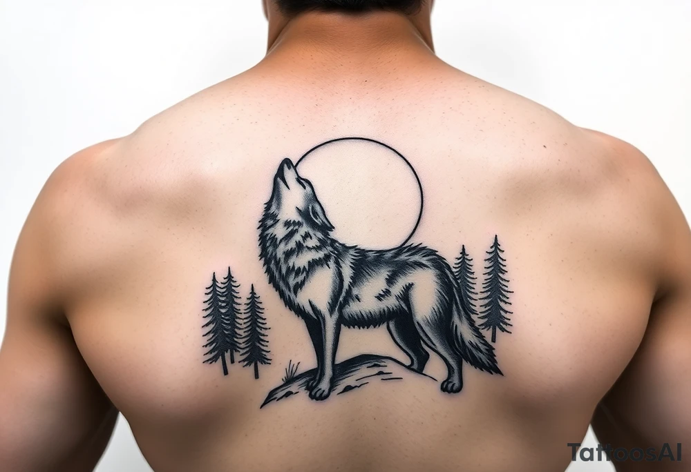 lone wolf howling at full moon with northern lights backdrop tattoo idea