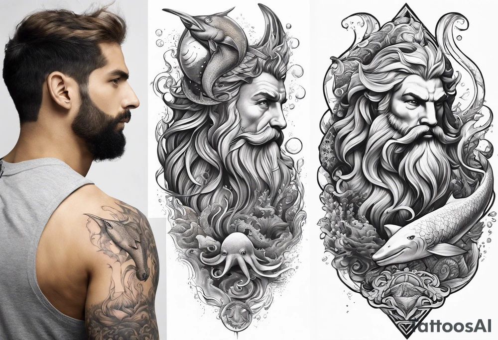 Full sleeve tattoo of ocean animals with Poseidon tattoo idea