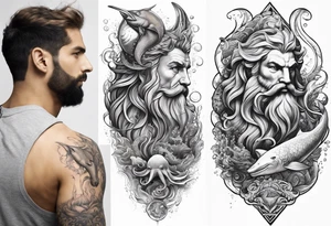 Full sleeve tattoo of ocean animals with Poseidon tattoo idea