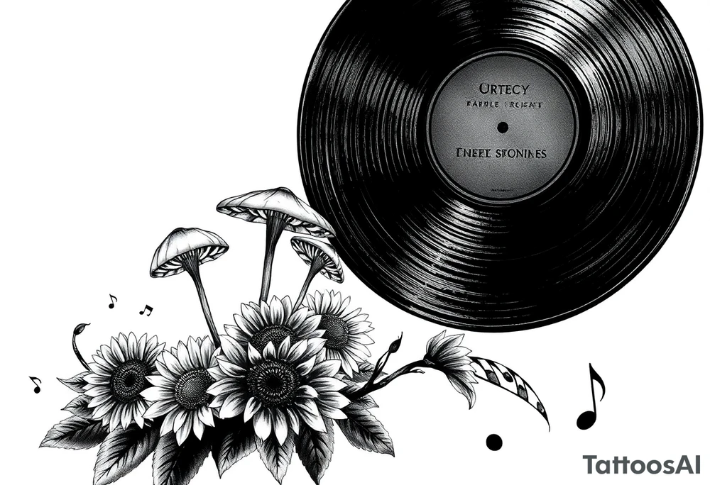two overlapping vinyl records with mushrooms, sunflowers, and music notes tattoo idea