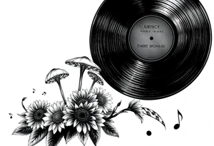 two overlapping vinyl records with mushrooms, sunflowers, and music notes tattoo idea