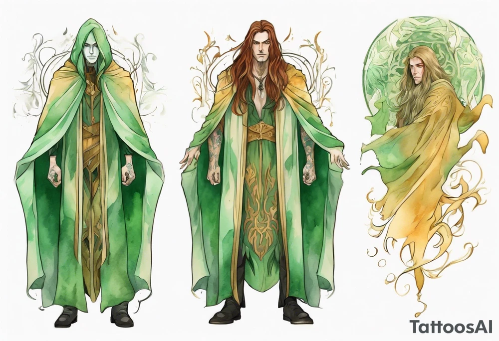 A tall beautiful man with pale green skin  with long hair of green and auburn with amber eyes wearing a gold cloak tattoo idea