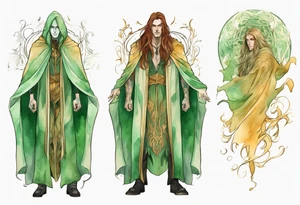A tall beautiful man with pale green skin  with long hair of green and auburn with amber eyes wearing a gold cloak tattoo idea