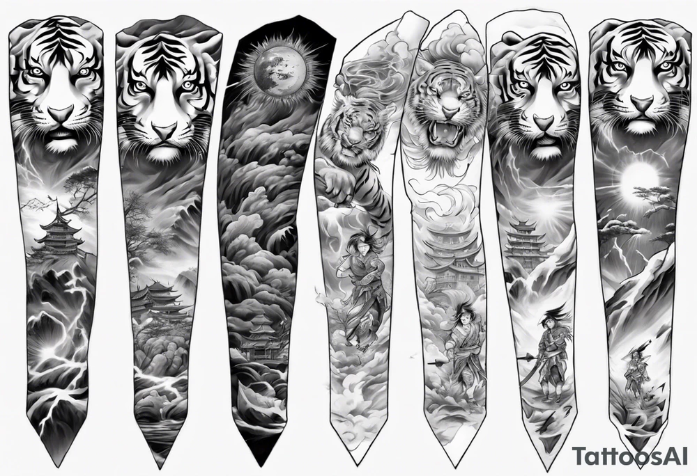Tiger Warrior sleeve tattoo with lightning and the sun
Forearm sleeve tattoo idea