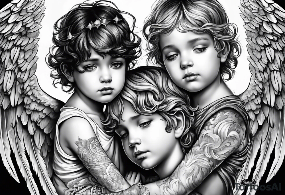2 boy angels and 1 girl angel praying tattoo idea
