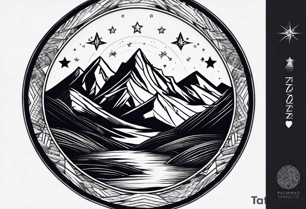 Mountain Massif, one Peak, only peak surrounded woth semi circle dashed Line, in semi circle two littel fine Stars, waves overlapping in Side, Open geometrical Forms Like Diamond with Open lines tattoo idea