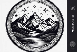 Mountain Massif, one Peak, only peak surrounded woth semi circle dashed Line, in semi circle two littel fine Stars, waves overlapping in Side, Open geometrical Forms Like Diamond with Open lines tattoo idea