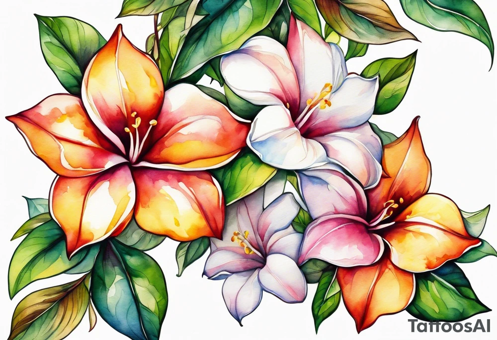 white background, abstract mandevilla flowers on a vine, part of it watercolor, part of it just line work tattoo idea