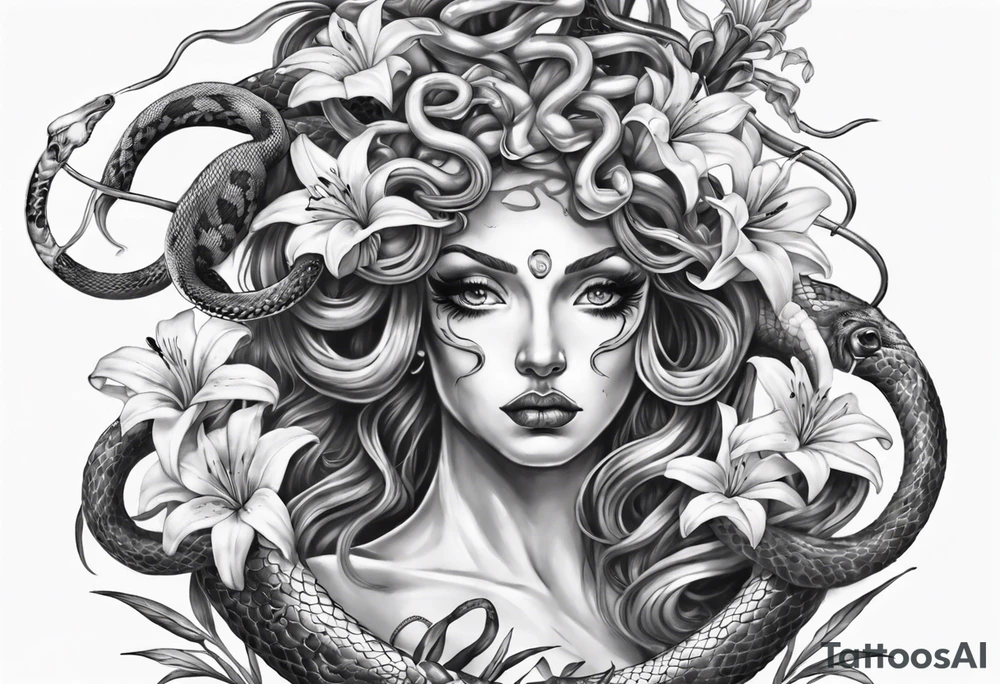 Medusa with white pupils and snake hair. Lilies tattoo idea