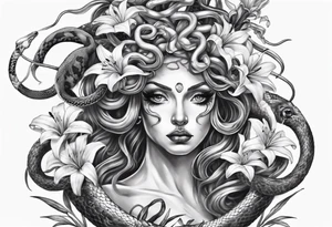 Medusa with white pupils and snake hair. Lilies tattoo idea