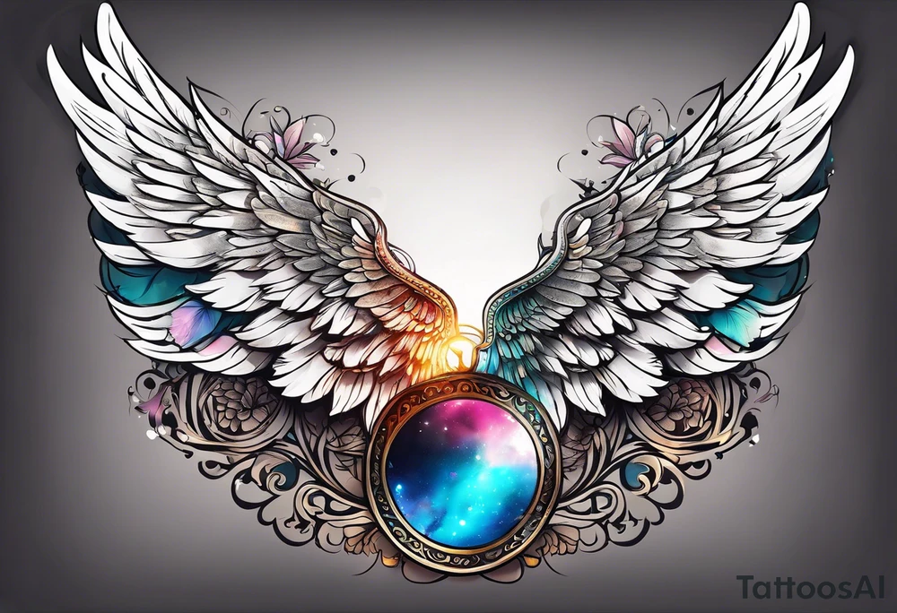 a pair of wings with a halo above them tattoo idea