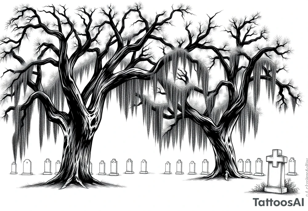 Oak trees with a lot of Spanish moss in a cemetery tattoo idea