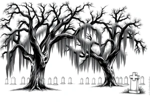 Oak trees with a lot of Spanish moss in a cemetery tattoo idea