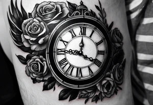 draw me a tattoo with an old clock and shadows of roman numerals are in the background. it is a tattoo located on the left shoulder of a man. it is black and white. Il représente le temps qui passe tattoo idea