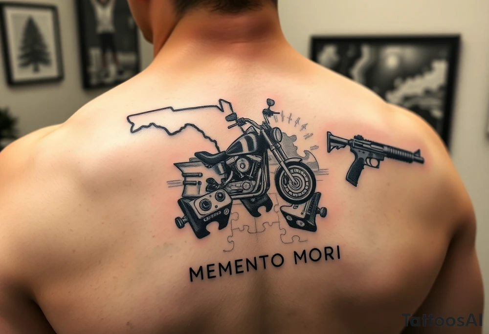 futuristic memory tattoo for passed boyfriend; Florida, gulf coast water, Harley Davidson, skateboarding, puzzle pieces, video games, heaven, god, outdoors, guns, disc golf, words "MEMENTO MORI" tattoo idea