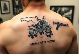 futuristic memory tattoo for passed boyfriend; Florida, gulf coast water, Harley Davidson, skateboarding, puzzle pieces, video games, heaven, god, outdoors, guns, disc golf, words "MEMENTO MORI" tattoo idea