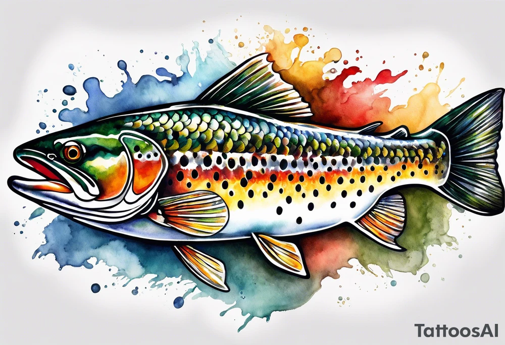 A shaded trout with text that says, 'Como la trucha...' tattoo idea