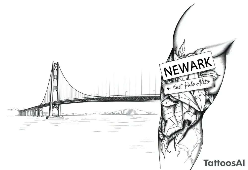 A bridge over water with two cities on the side. The city signs on the side of the bridge. East Palo Alto on the left and Newark on the right tattoo idea