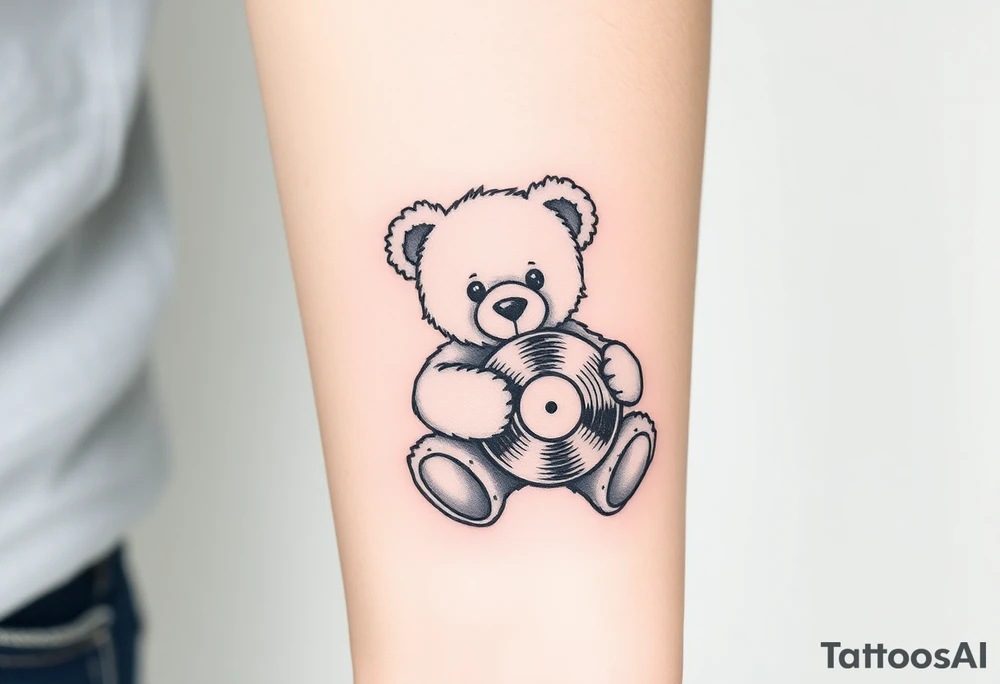 minimalist teddy bear holding a vinyl record tattoo idea