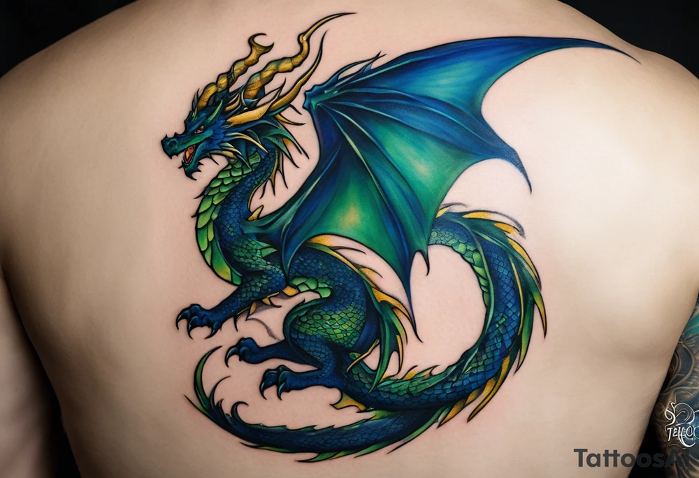 An epic with no wings floating. Its body coiling dynamically, with scales and horns detailed to create a sense of movement and strength. The dragon's main color is dark blue but features accents in green, blue, and gold, giving a vibrant depth and a mystical aura. This tattoo highlights the dragon’s fierce expression and sharp claws as it wraps protectively around the leg. Style: Realism tattoo idea