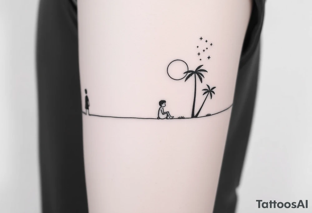 Create a minimalist tattoo design that wraps around the upper right arm, just below the armpit and above an existing blackwork sleeve.

Design Flow:

The tattoo is connected by a thin, continuous line that wraps around the arm.

On the outer/front arm, place a small, minimal walking figure on the line, moving forward. The line should have a gentle wave under his steps to create movement.

The line continues to the inner arm, where a boy is sitting on the line (with his back to the viewer, legs dangling below the line).

To the right of the boy, place a slightly leaning palm tree growing from the line.

Behind or beside the tree, include a minimal sun, low on the horizon (simple circle or half-sun).

In the space above, softly scatter minimalist stars, mostly dots, with 2–3 sparkles or tiny diamond shapes.

Style Notes:

Keep everything in fine line / minimalist style, no heavy shading

Design should feel light, dreamy, and reflective — symbolizing balance between stillness and motion

Line should echo the flow of the existing tribal/blackwork arm band below, but not mimic or clash with it

The boy should sit directly under the palm and with the back to the viewer and the feet hanging from the line tattoo idea
