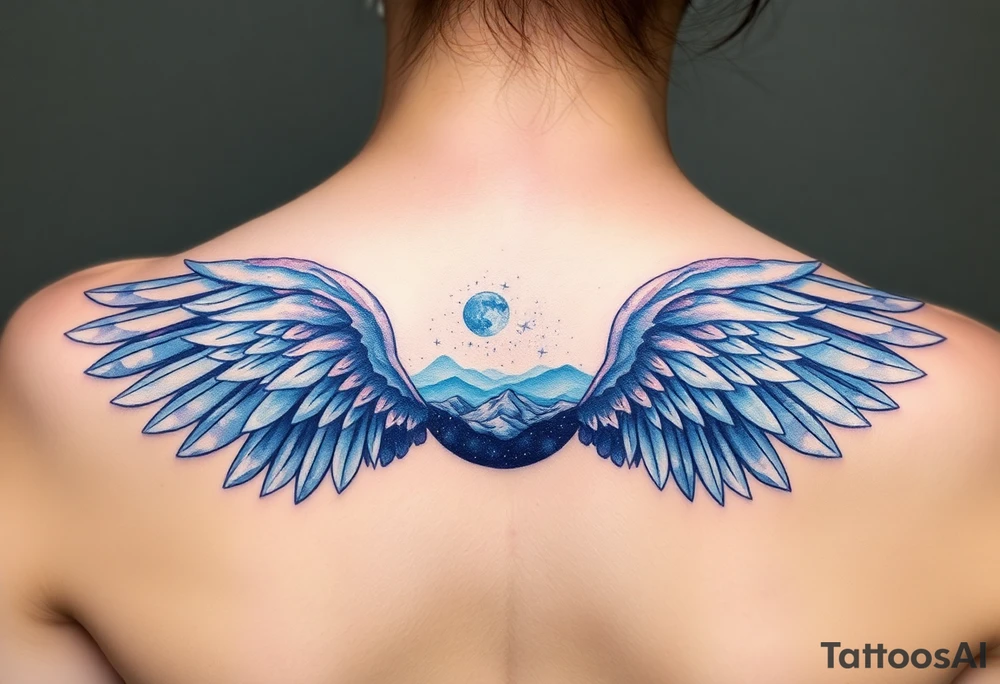 Night sky with constellation, stars  & moon seen from a frame of natural landscape angel wings spiritual tattoo idea