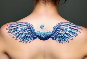 Night sky with constellation, stars  & moon seen from a frame of natural landscape angel wings spiritual tattoo idea