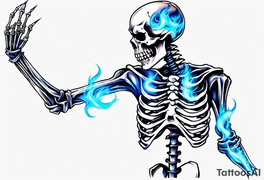 A skeleton welding with blue fire behind tattoo idea