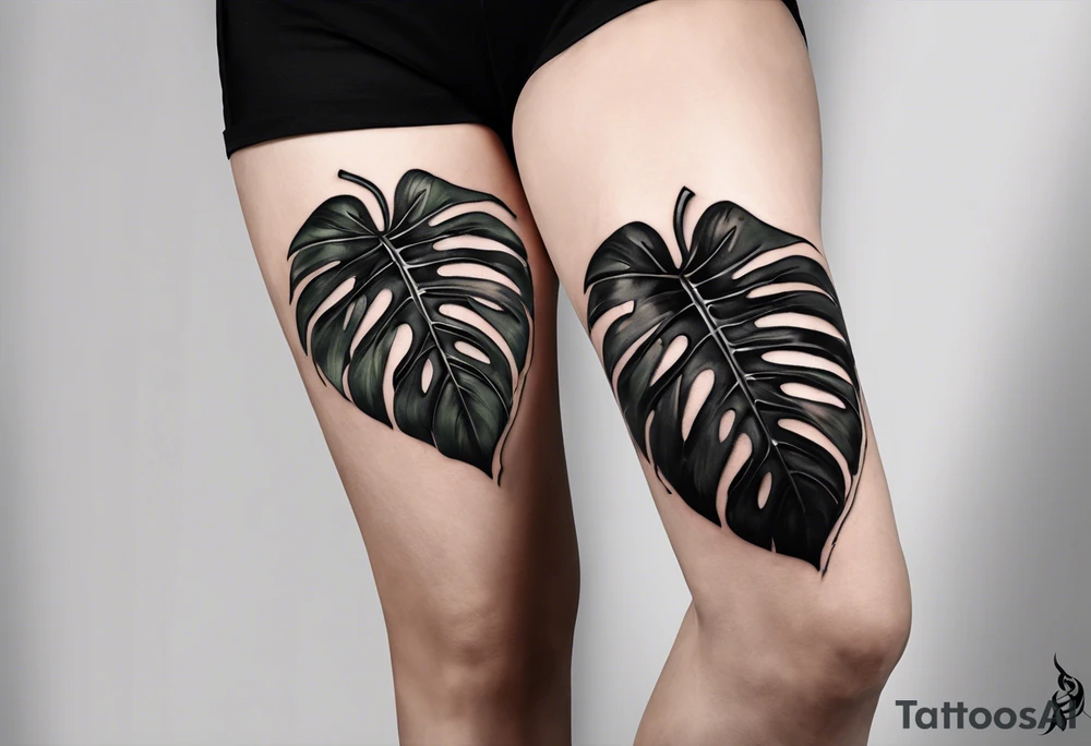 Abstract but realistic monstera leaf tattoo to go on the right leg on the outside of the leg next to the shin with a stem going down behind the ankle tattoo idea