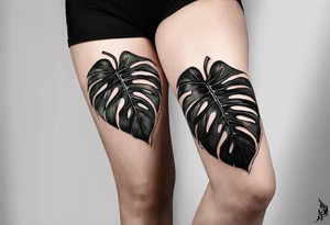 Abstract but realistic monstera leaf tattoo to go on the right leg on the outside of the leg next to the shin with a stem going down behind the ankle tattoo idea