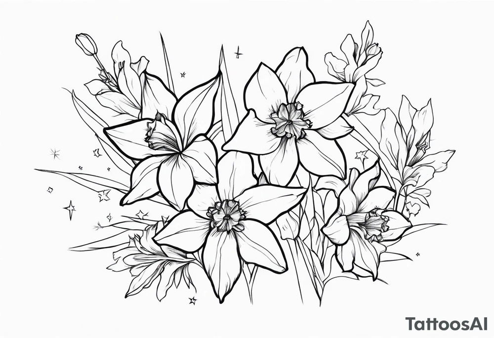 Larkspur, narcissus and stars tattoo idea