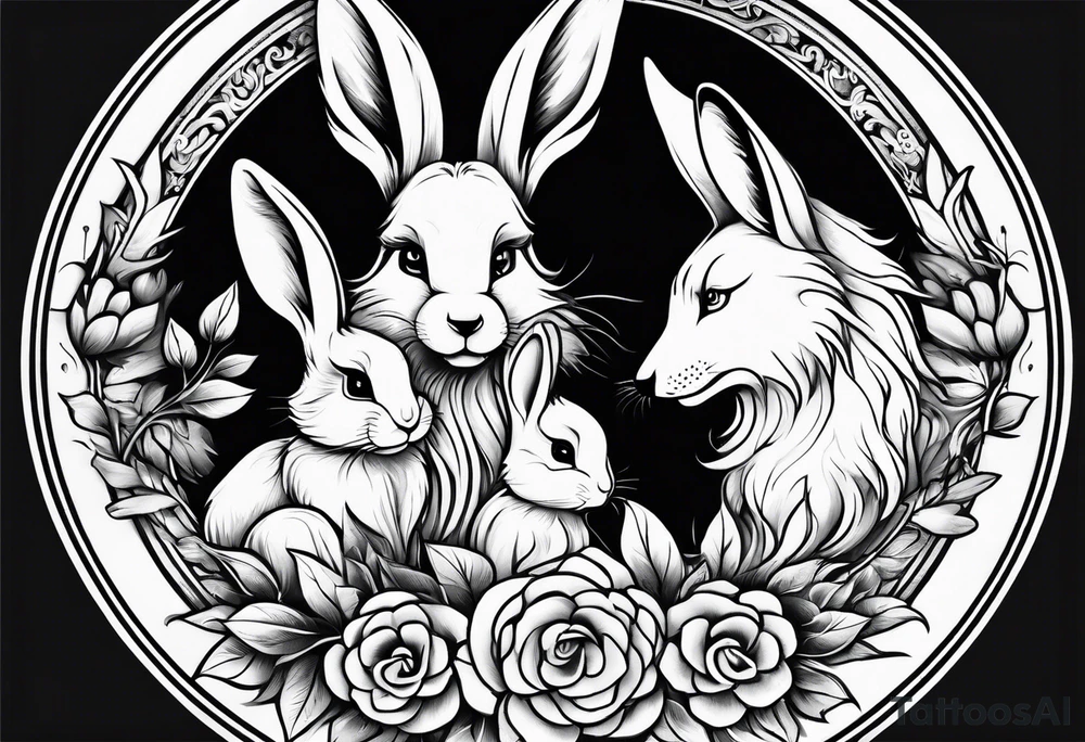 Mum and baby rabbit circled by wolf tattoo idea