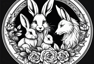 Mum and baby rabbit circled by wolf tattoo idea