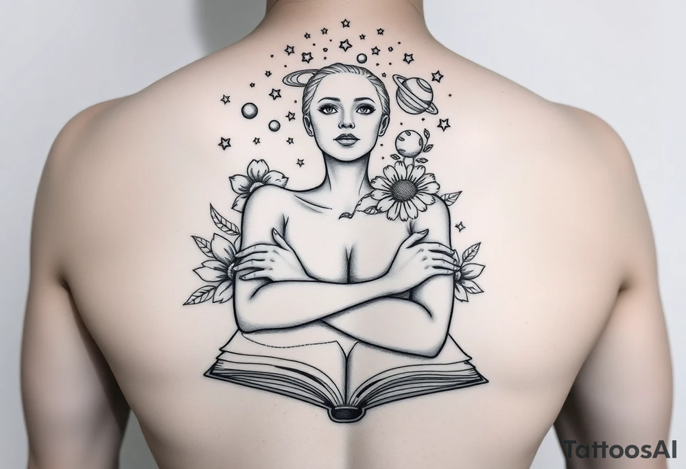 line art drawing of a womans torso coming from an open book. with stars, flowers and planets coming from her head above her nose with no facial features. her arms are crossed onto her shoulders like she is giving herself a hug, no breasts showing tattoo idea