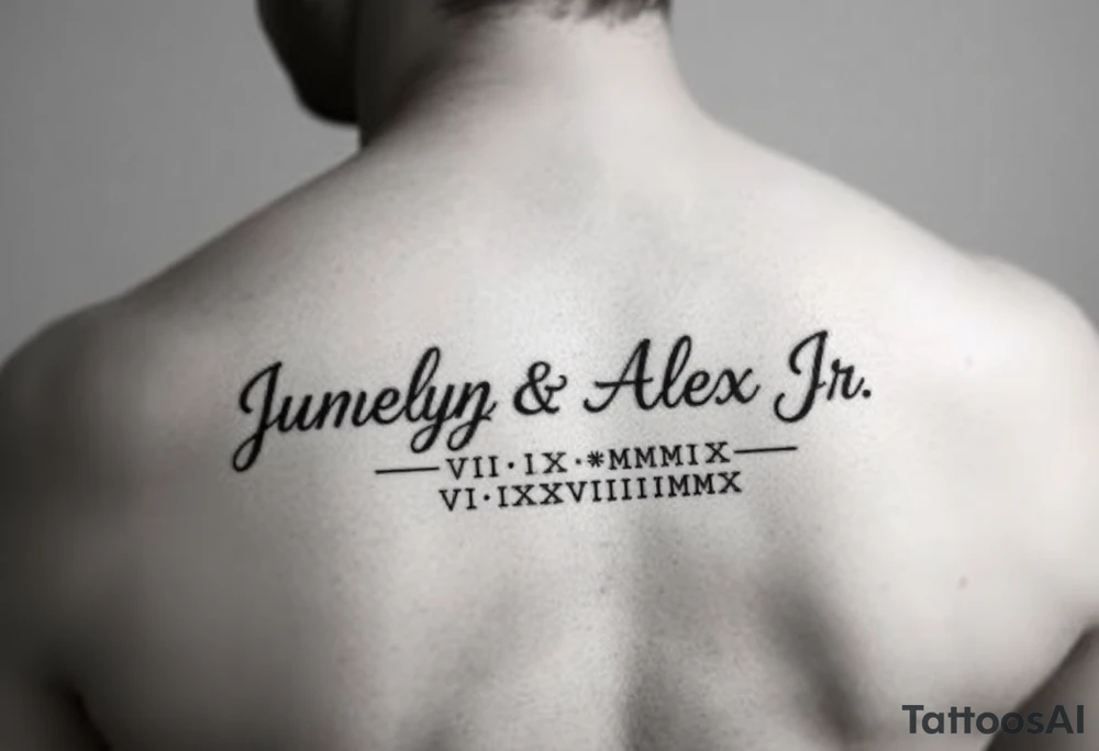 Junelyn & Alex Jr in cursive font with dates VI·IX·MMXIX VII·XXVII·MMXX tattoo idea