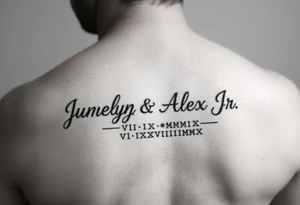 Junelyn & Alex Jr in cursive font with dates VI·IX·MMXIX VII·XXVII·MMXX tattoo idea
