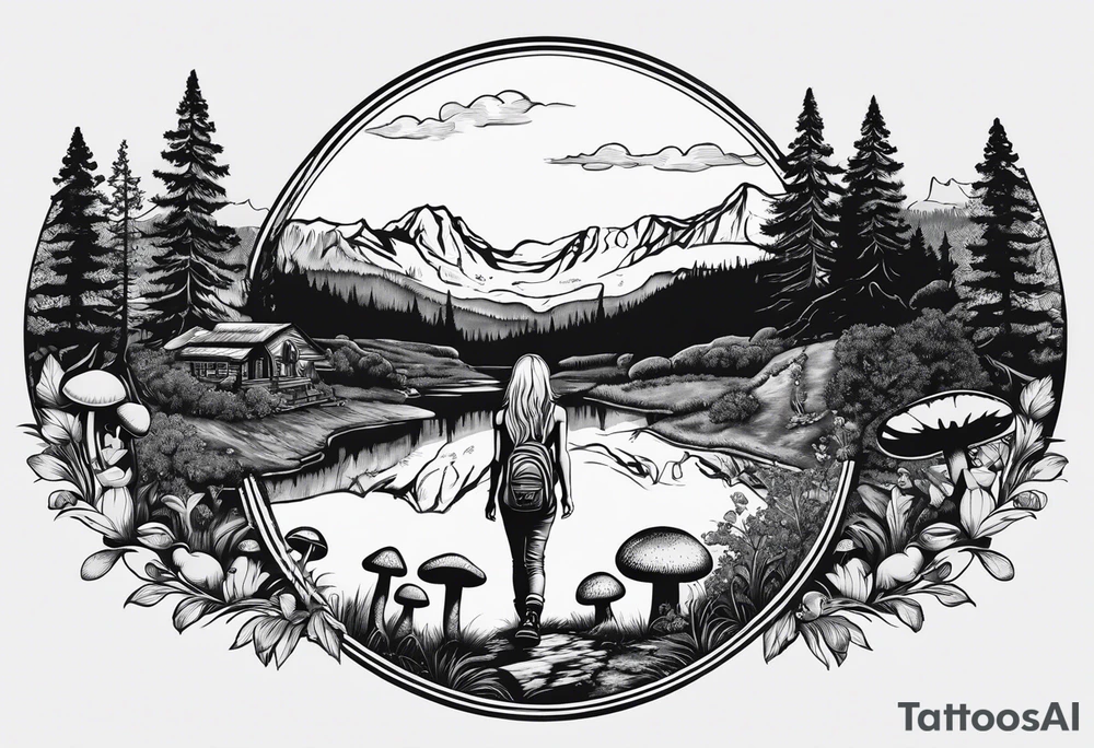 Whole picture encircled fully

Straight long blonde hair hippie girl in distance holding mushrooms in hand facing away toward mountains and creek surrounded by mushrooms tee shirt and hiking pants; whole rendering within a full circle, no cut off circle tattoo idea