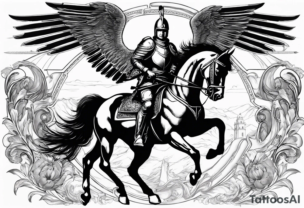 **Main Theme**: A Hussar on horseback in full armor, dynamically portrayed in the middle of a charge. The Hussar's wings are clearly visible, adding dynamics to the composition.
   - Archangel Michael positioned in the background, with a raised sword ready for battle, armed with a shield.
   - The Hussar is holding a banner showcasing the White Eagle.
   - Elements of the Arch tattoo idea