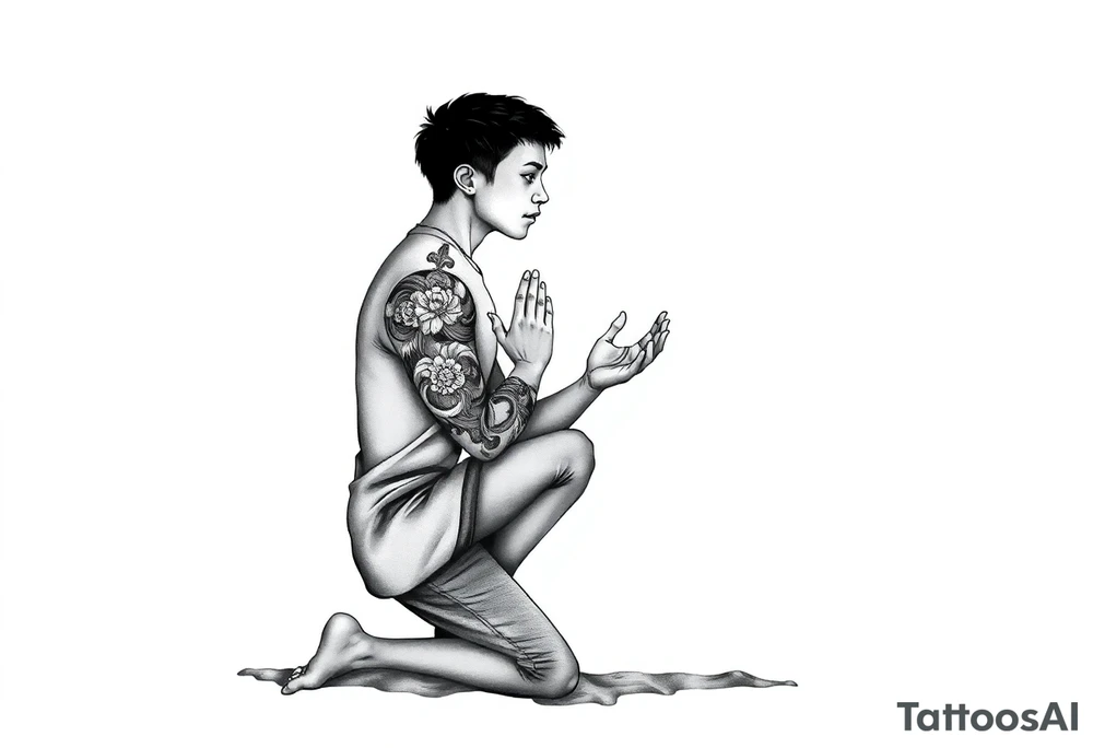 Handsome Asian young guy is standing on his knees apologising tattoo idea
