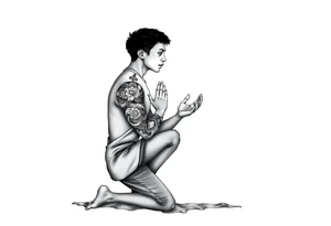 Handsome Asian young guy is standing on his knees apologising tattoo idea