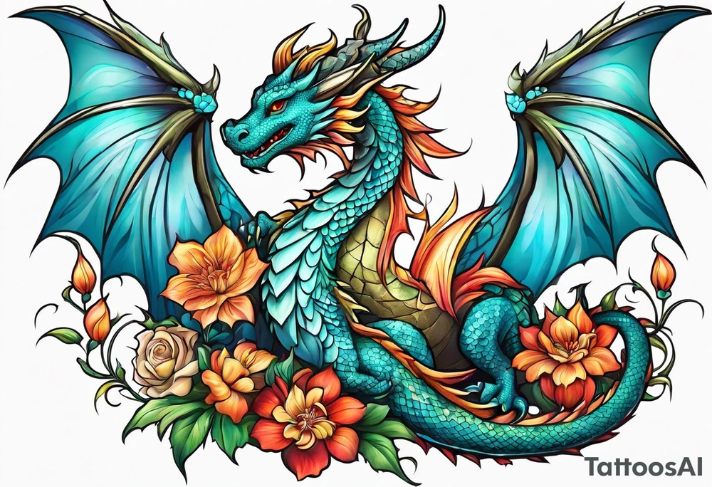 flower, cross, cute dragon tattoo idea