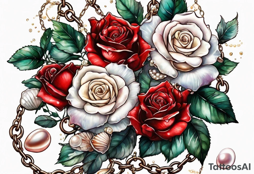 Red roses with a chain made of pearls and seashells tattoo idea