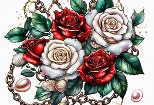 Red roses with a chain made of pearls and seashells tattoo idea